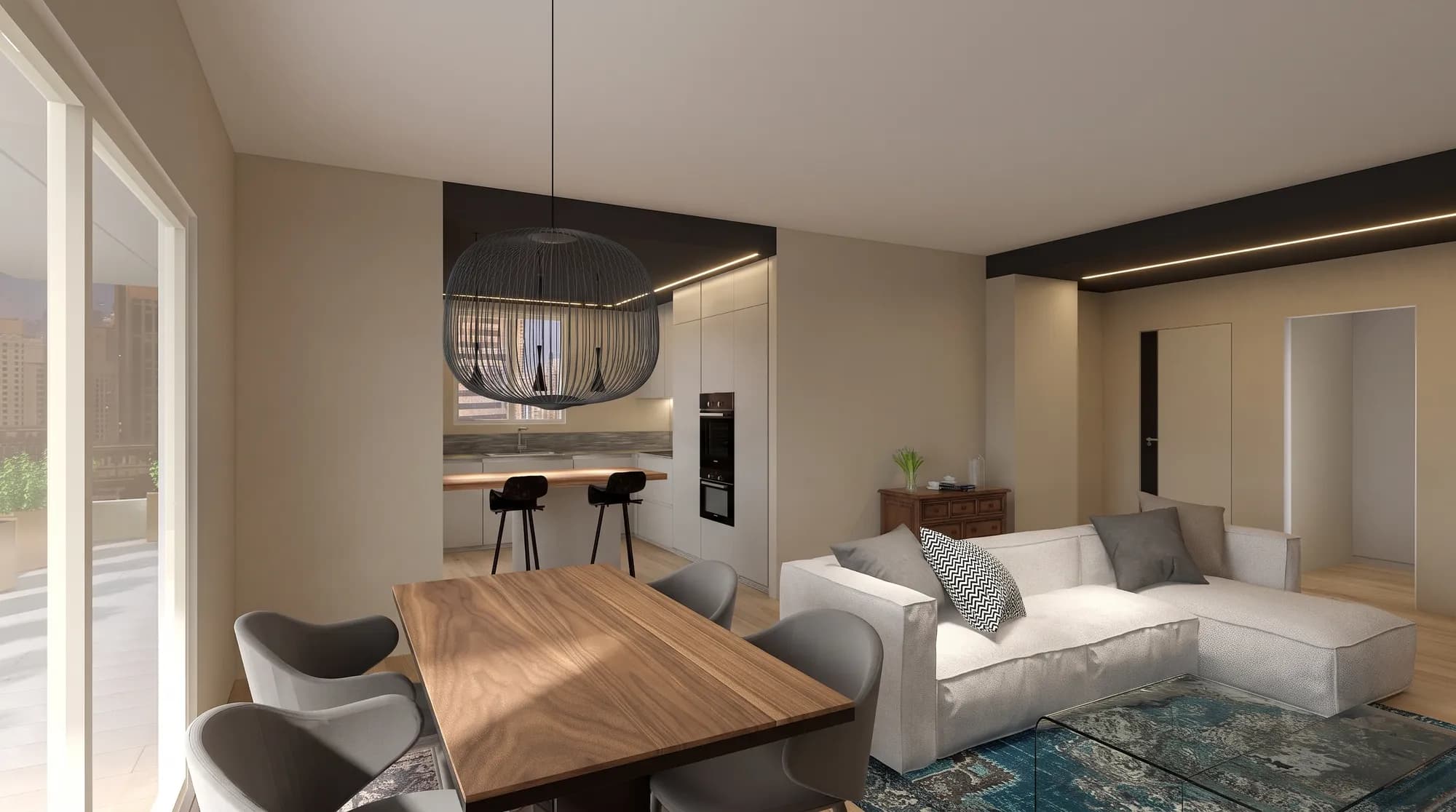 Render di un ambiente con soggiorno, zona pranzo e cucina: tavolo in noce, divano chiaro e grandi vetrate