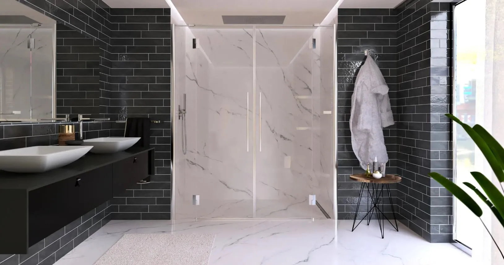 Render di bagni con marmo, piastrelle scure e mobili sospesi in legno