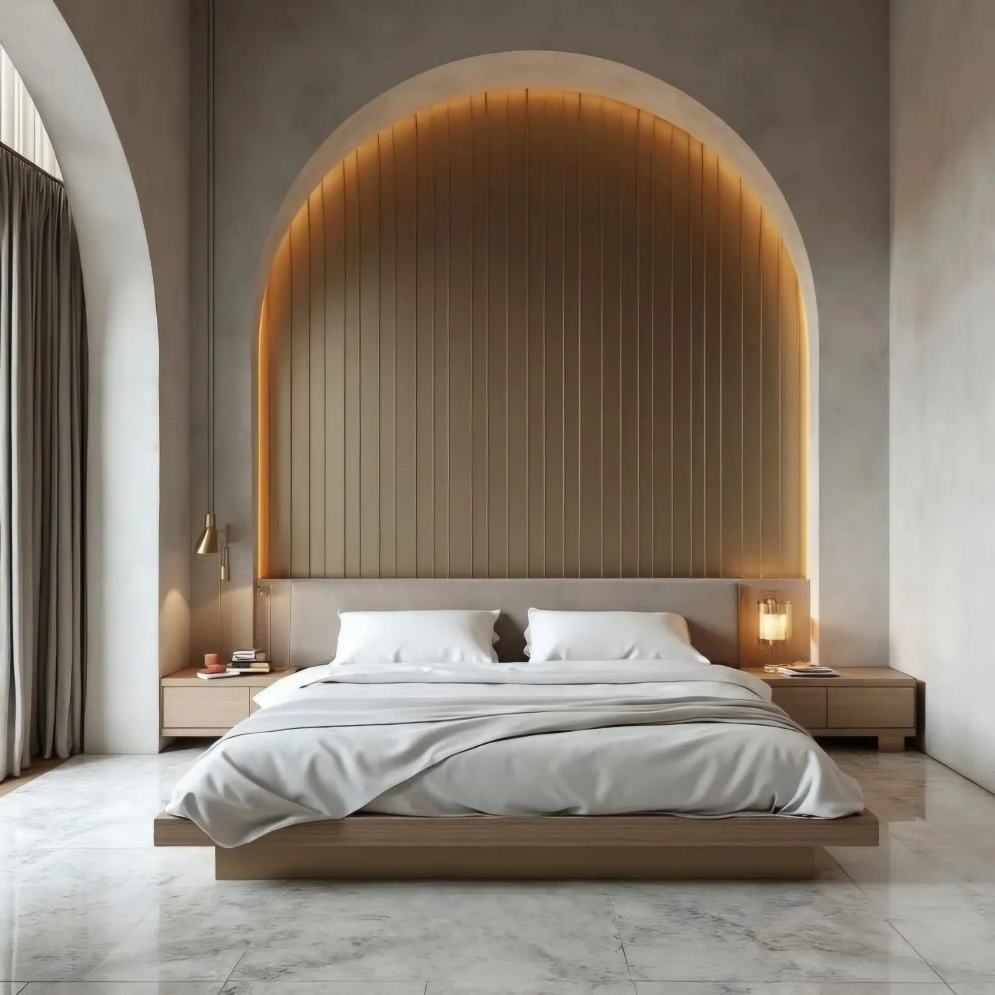 Render di una camera da letto con nicchia ad arco, boiserie in legno retroilluminata e letto basso